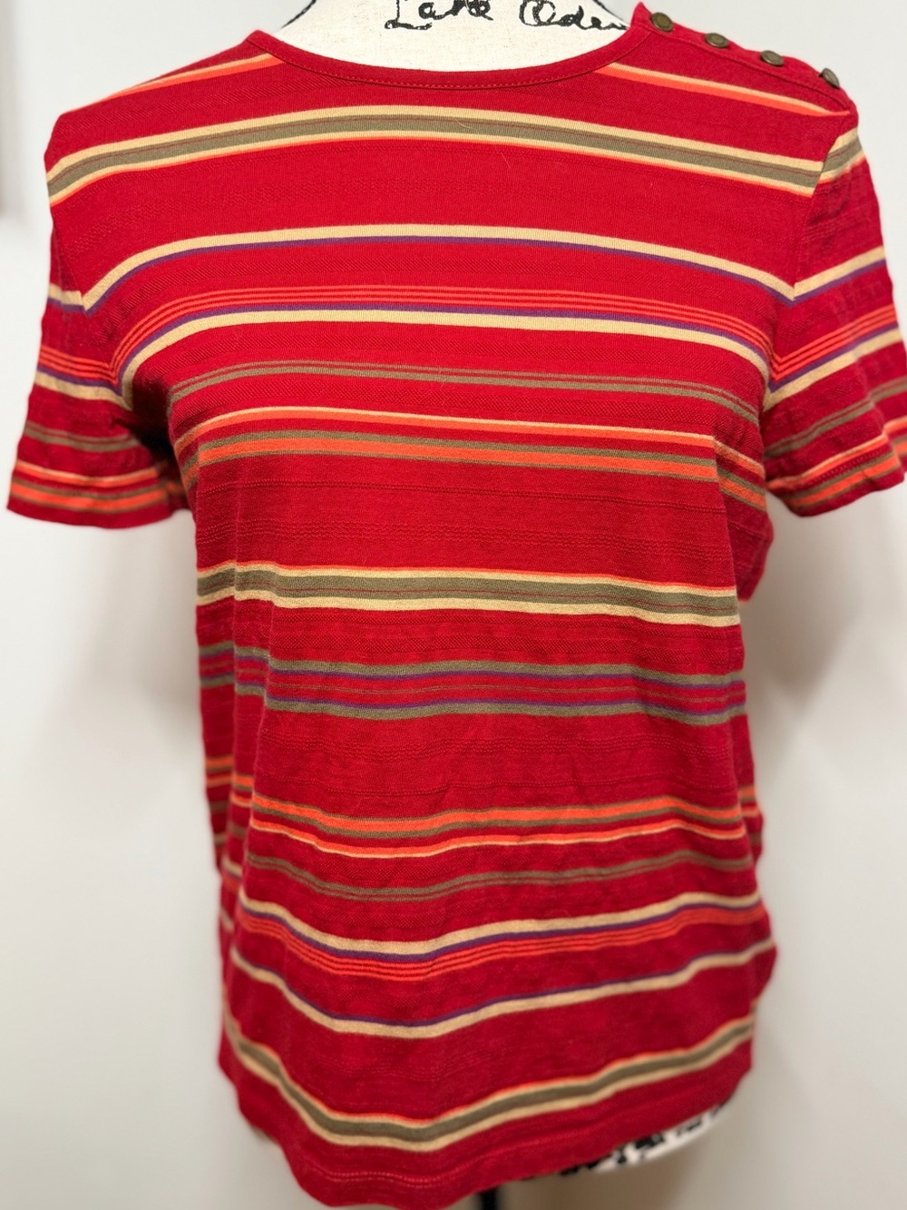 Lauren Ralph Lauren Red Striped Cotton Branded Shoulder Snap Size M Heritage Y2K